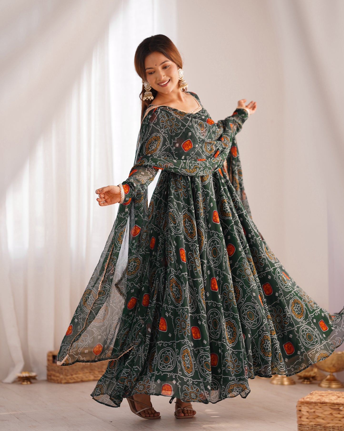 New Designer Bandhej Gown Set – Pure Soft Chiffon Anarkali with Dupatta and Pant