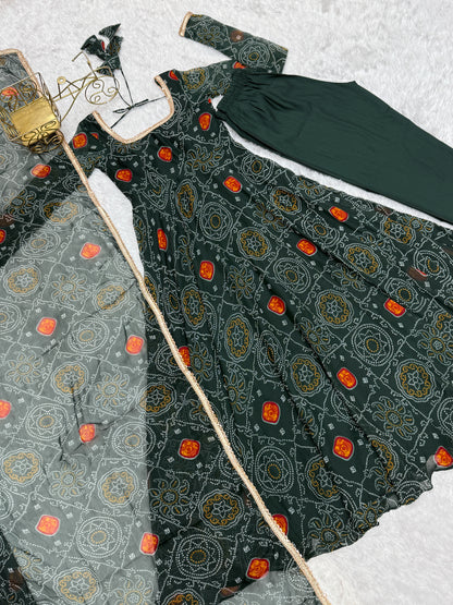 New Designer Bandhej Gown Set – Pure Soft Chiffon Anarkali with Dupatta and Pant