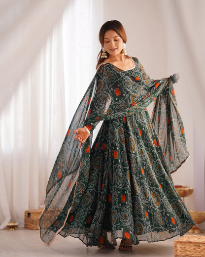 New Designer Bandhej Gown Set – Pure Soft Chiffon Anarkali with Dupatta and Pant