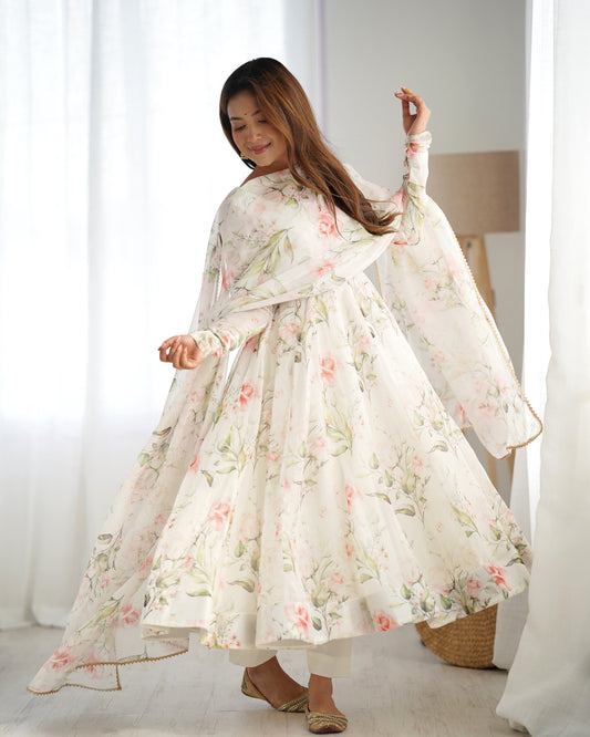 Fresh Look Organza Silk Kali-Cut Anarkali Suit Set with Dupatta & Pant – Summer Festive Special