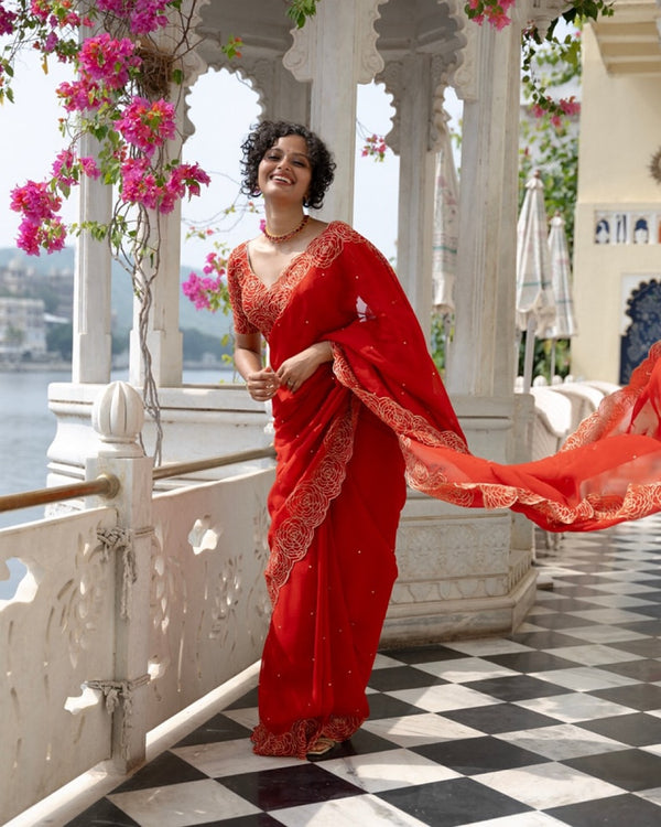 Elegant Designer Saree in Heavy Tebby Organza with Embroidery & Diamond Work