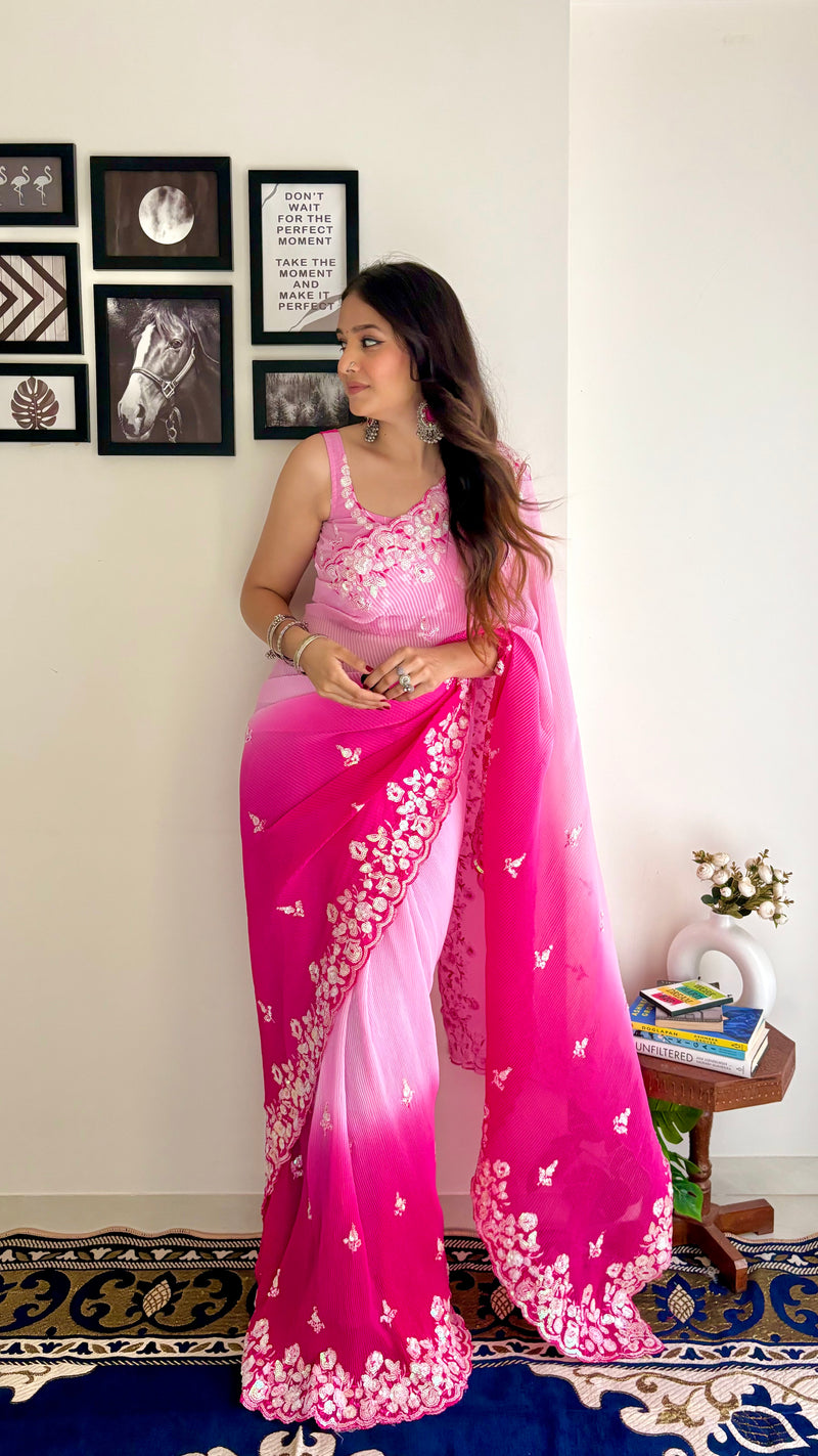 Crushy 3D Designer Pink and Majenta with Sequence work Saree