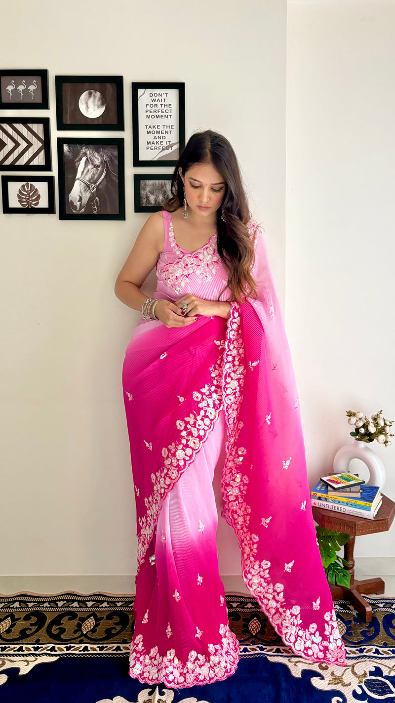 Crushy 3D Designer Pink and Majenta with Sequence work Saree