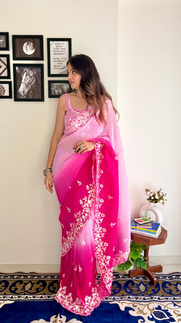 Crushy 3D Designer Pink and Majenta with Sequence work Saree