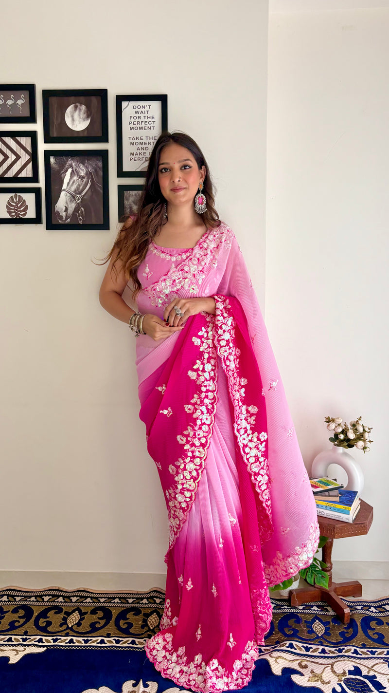 Crushy 3D Designer Pink and Majenta with Sequence work Saree