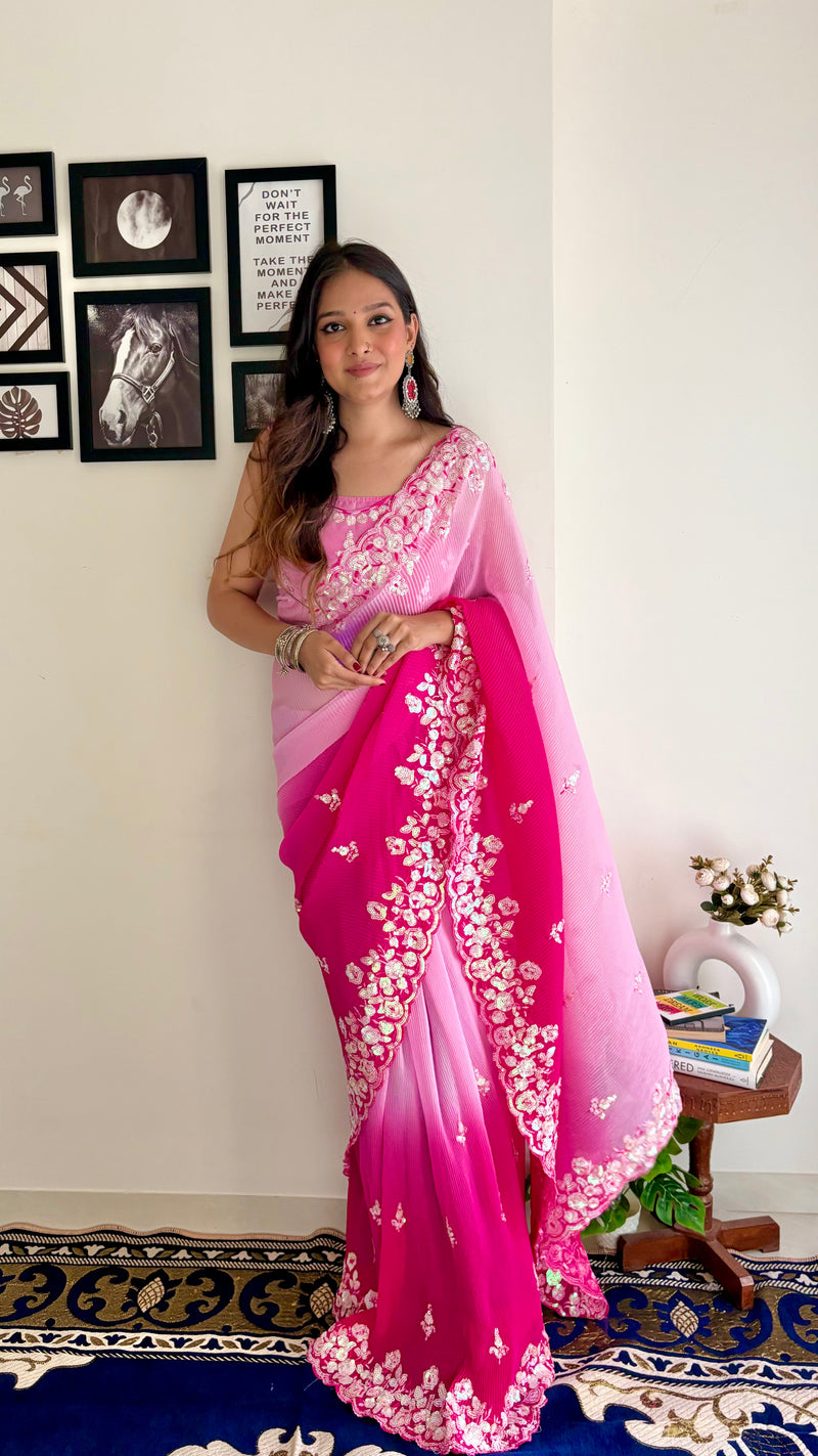 Crushy 3D Designer Pink and Majenta with Sequence work Saree