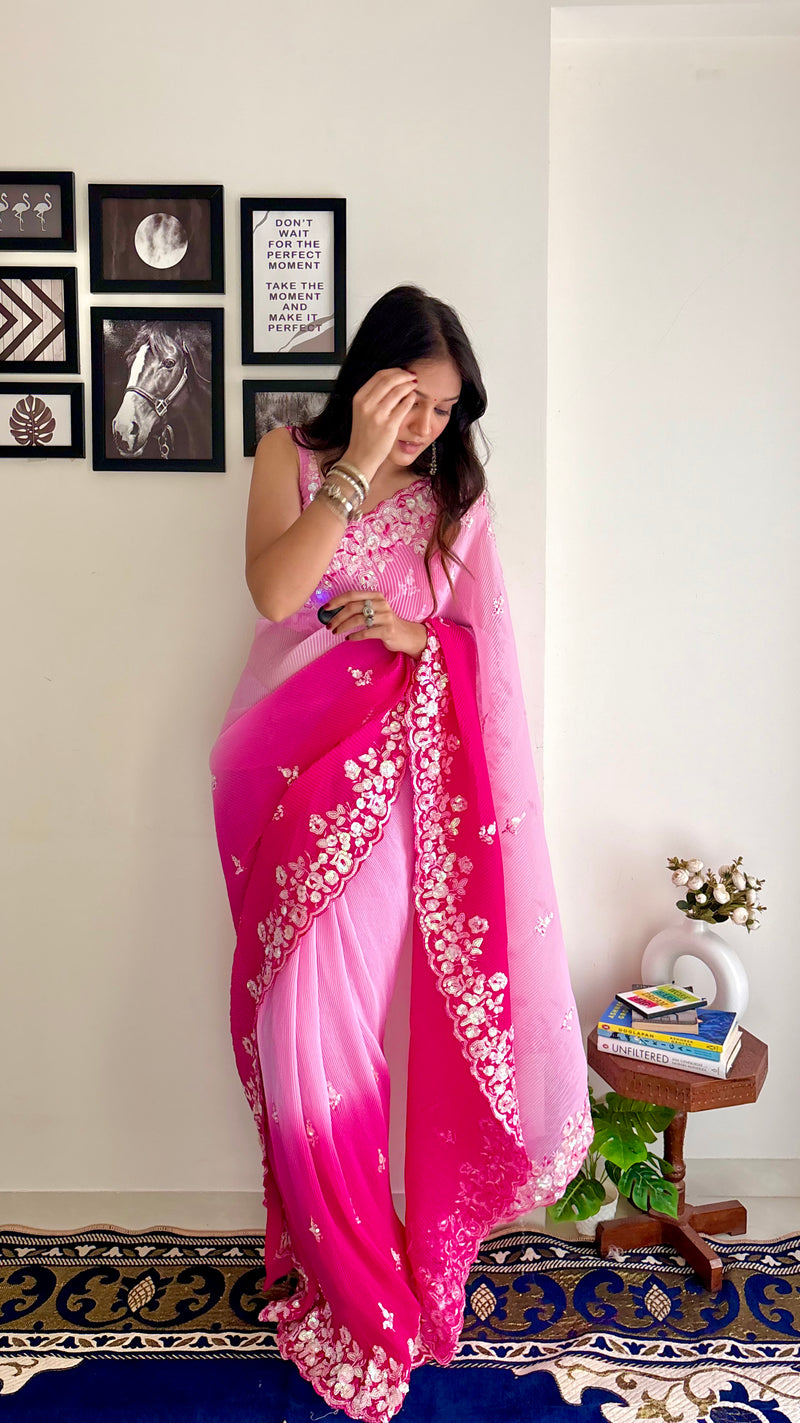 Crushy 3D Designer Pink and Majenta with Sequence work Saree