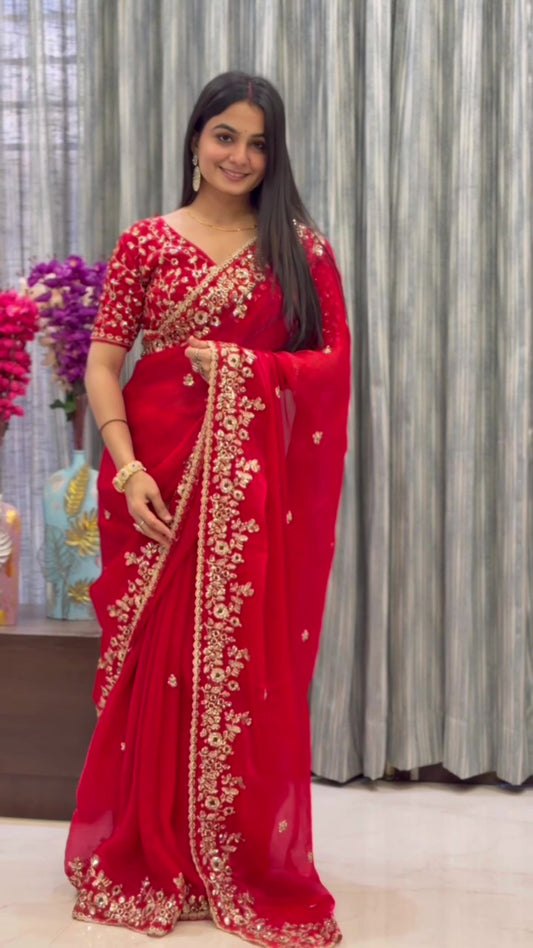 Frendy Chiffon Sequins Embroidered Saree with Heavy Sequins Blouse – Designer Party Wear Wedding Saree