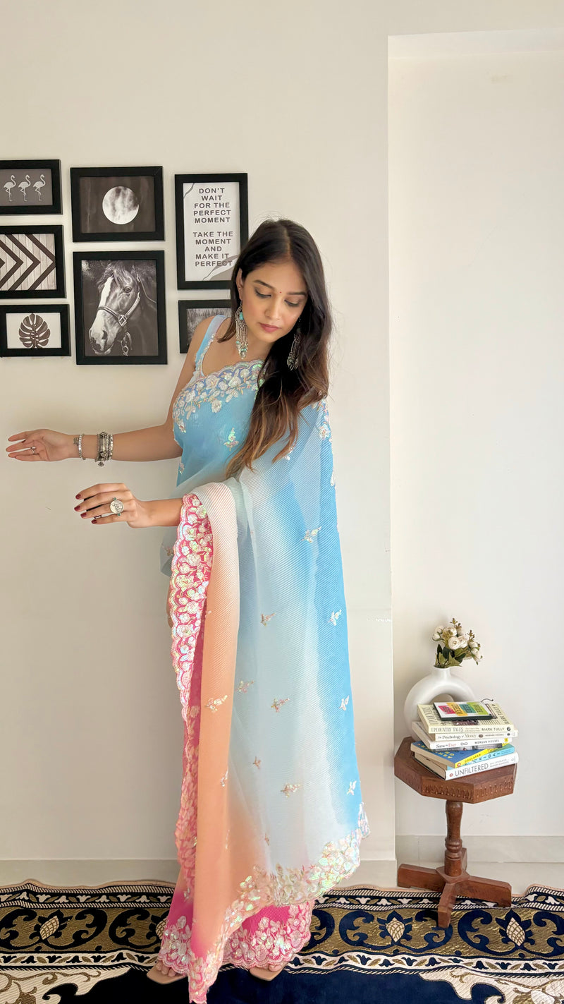 Crushy 3D Designer Embroidered Sequined Ombre Pink and Blue Saree