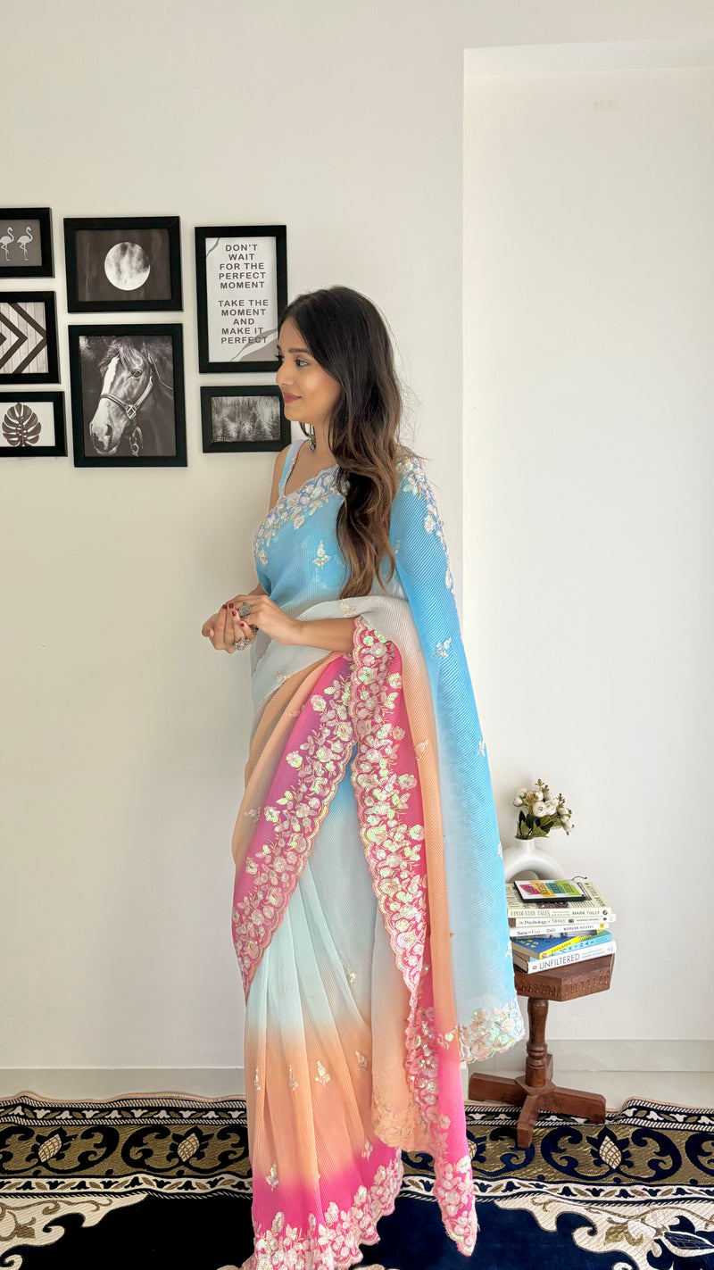 Crushy 3D Designer Embroidered Sequined Ombre Pink and Blue Saree