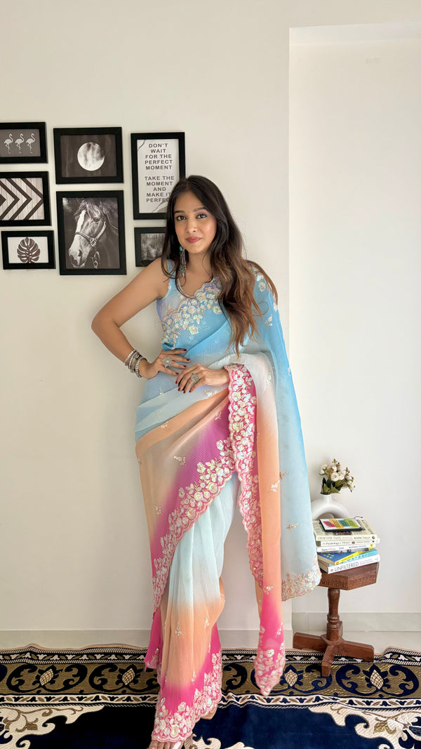 Crushy 3D Designer Embroidered Sequined Ombre Pink and Blue Saree