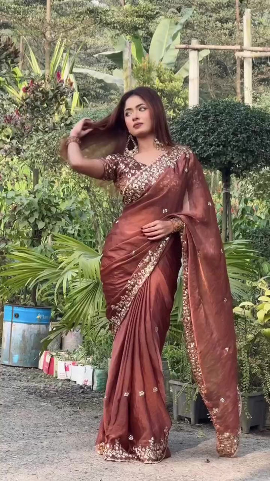 Frendy Chiffon Sequins Embroidered Saree with Heavy Sequins Blouse – Designer Party Wear Wedding Saree