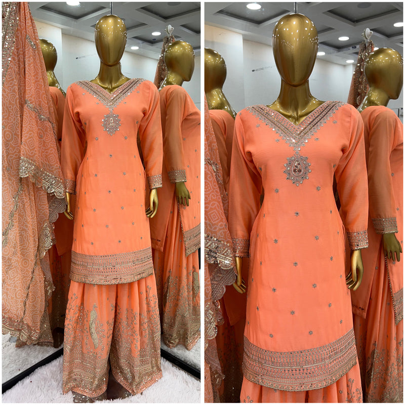 Orange Designer Sharara Set in Heavy Chinon with Digital Print