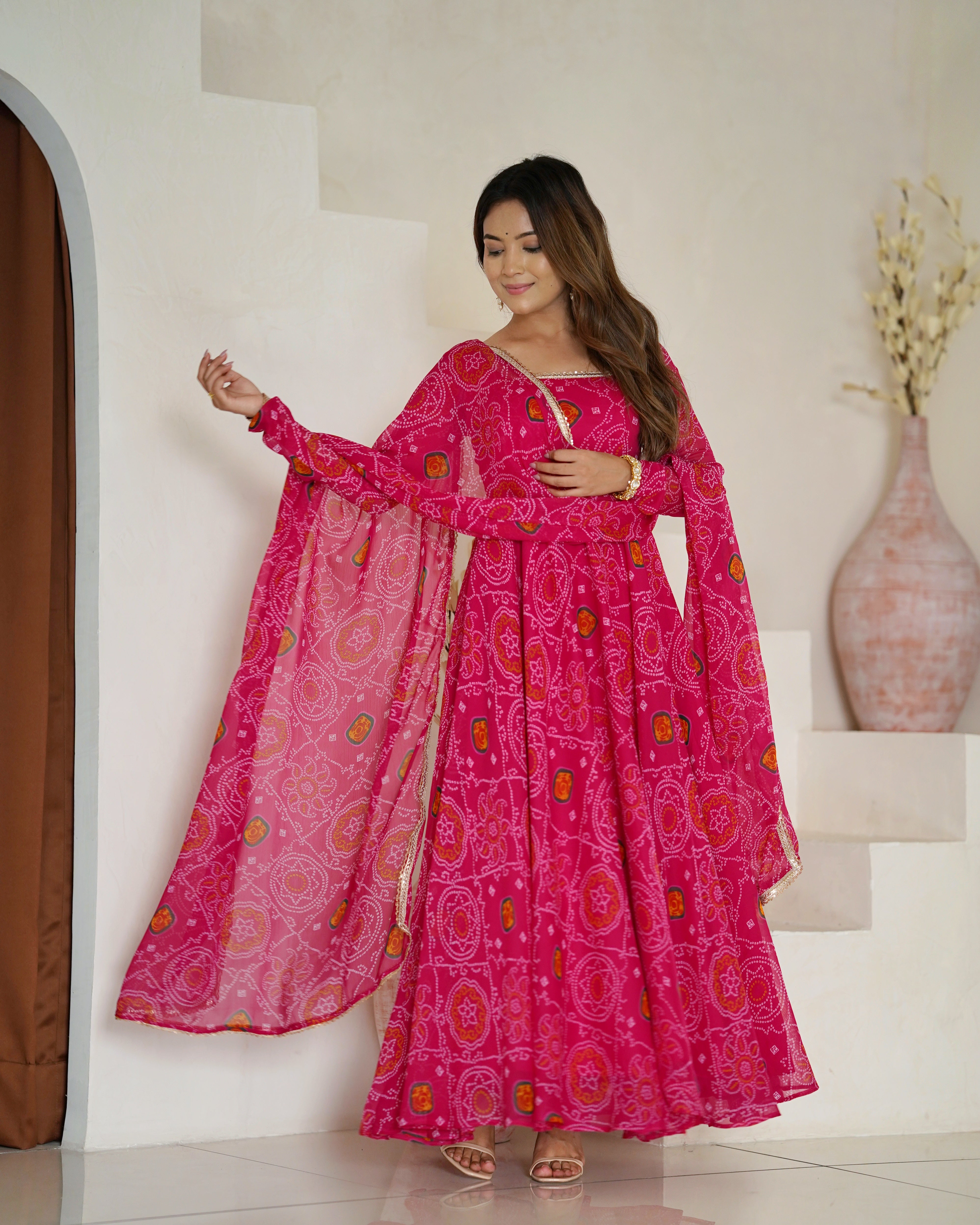 New Designer Bandhej Gown Set – Pure Soft Chiffon Anarkali with Dupatta and Pant