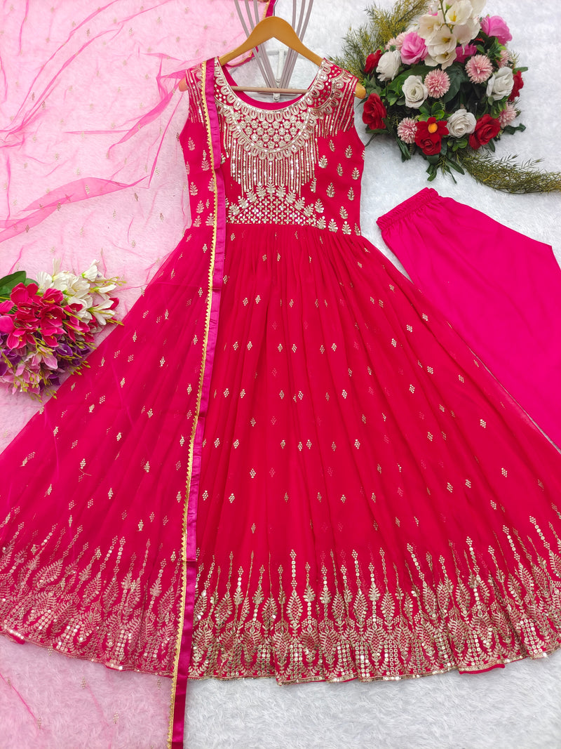 Rani Pink Heavy Fox Georgette Gown-Pent-Dupatta Set