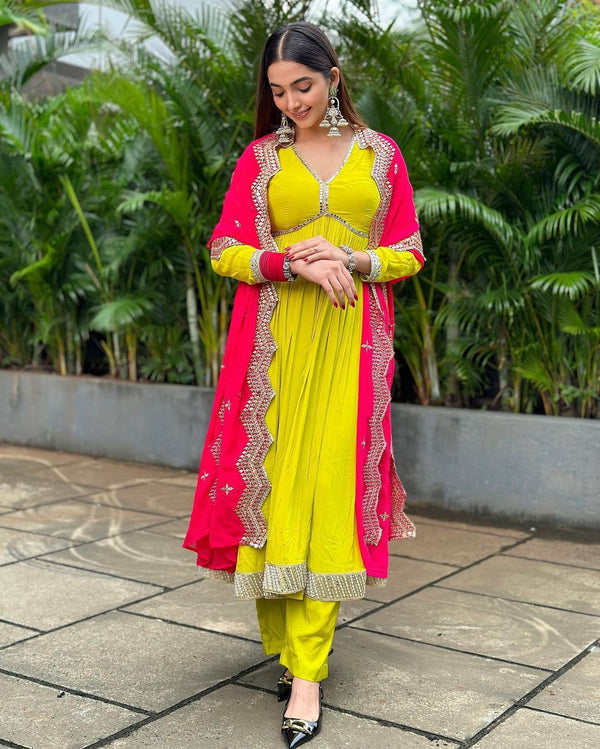 Lemon Yellow Heavy Fox Georgette Gown with Pants & Dupatta Set