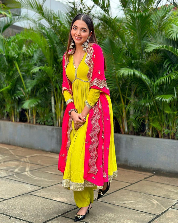 Lemon Yellow Heavy Fox Georgette Gown with Pants & Dupatta Set