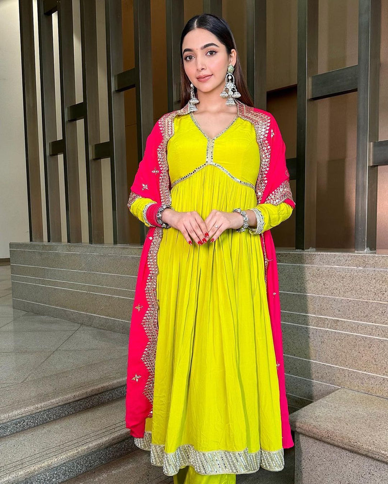 Lemon Yellow Heavy Fox Georgette Gown with Pants & Dupatta Set