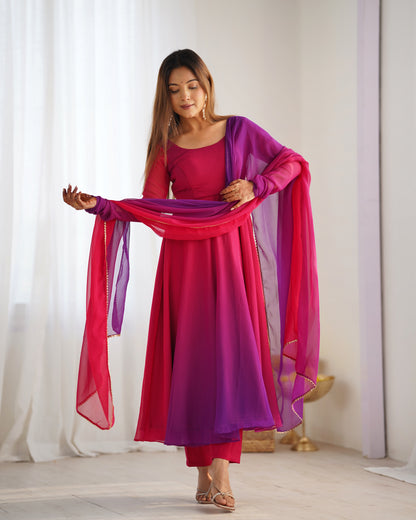 Pure Soft Fox Georgette Anarkali Set with Dupatta and Pant - Festive and Wedding Wear