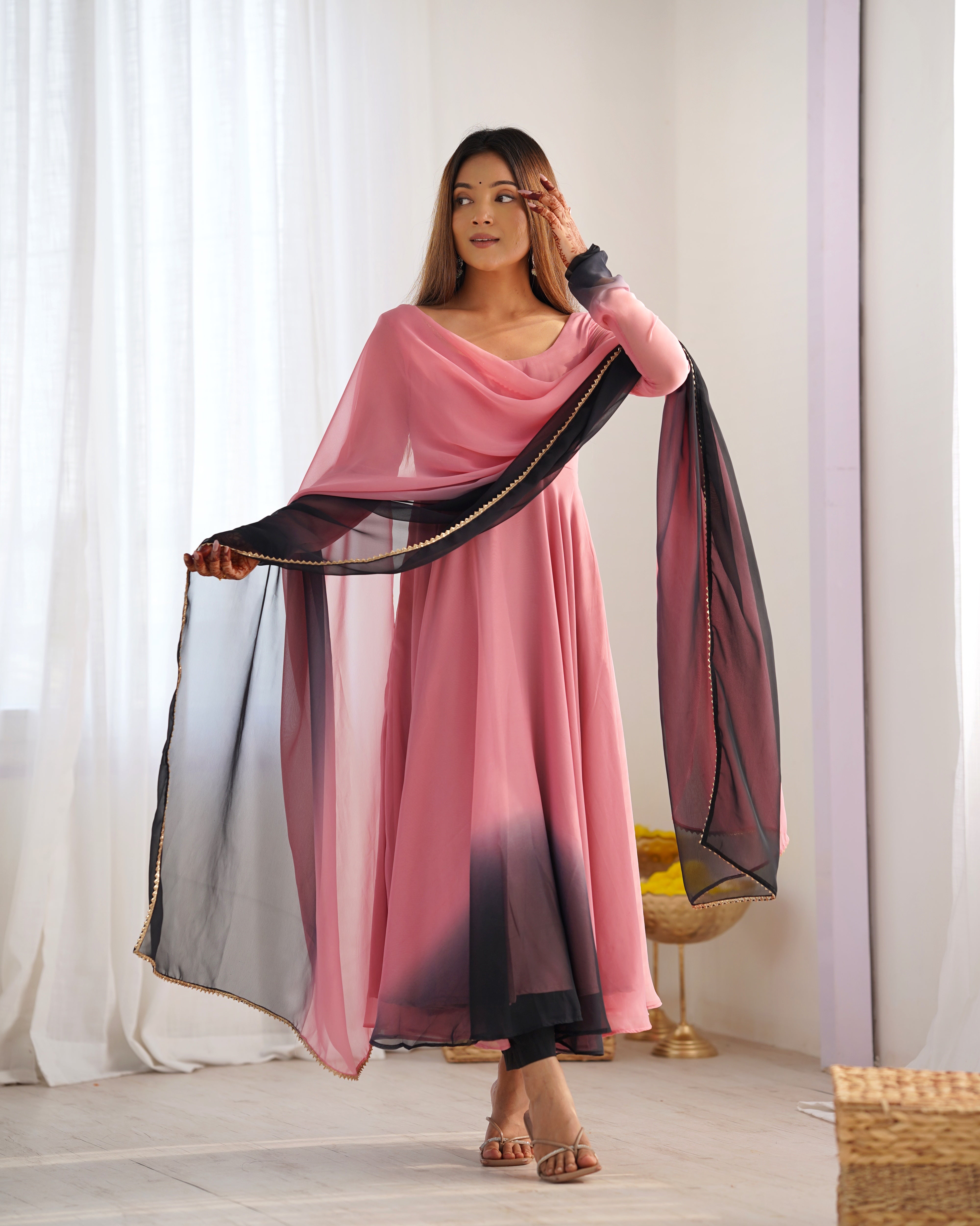 Pure Soft Fox Georgette Anarkali Set with Dupatta and Pant - Festive and Wedding Wear