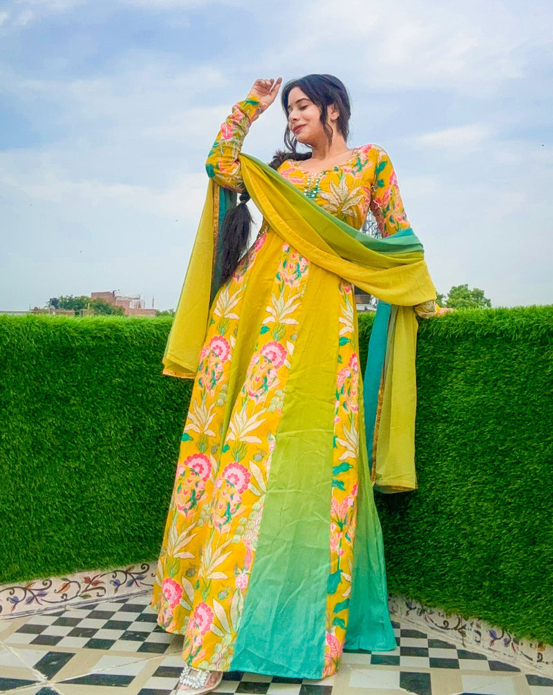 Stunning Muslin Designer Suit with Digital Print & Hand Work