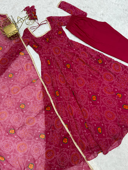 New Designer Bandhej Gown Set – Pure Soft Chiffon Anarkali with Dupatta and Pant