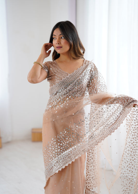 Designer Soft Net Sequin Work Saree with Blouse