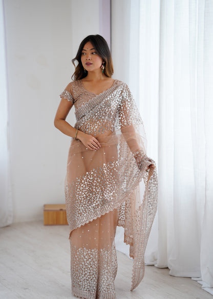 Designer Soft Net Sequin Work Saree with Blouse