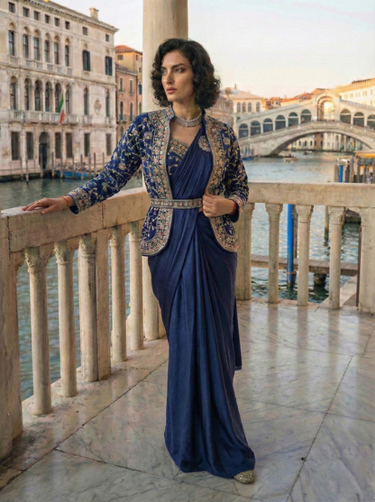 Trendy Indo-Western Ready-to-Wear Saree with Embroidered Koti & Stitched Blouse