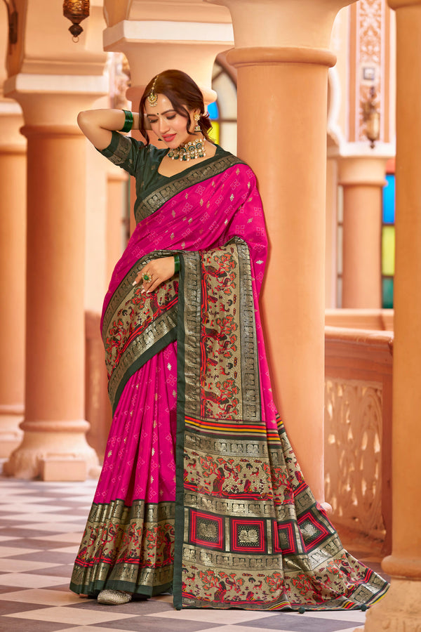 Rani pink color patola silk saree with foil printed work