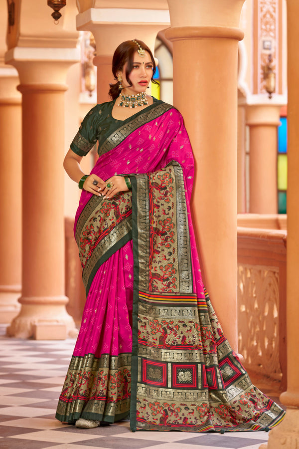 Rani pink color patola silk saree with foil printed work