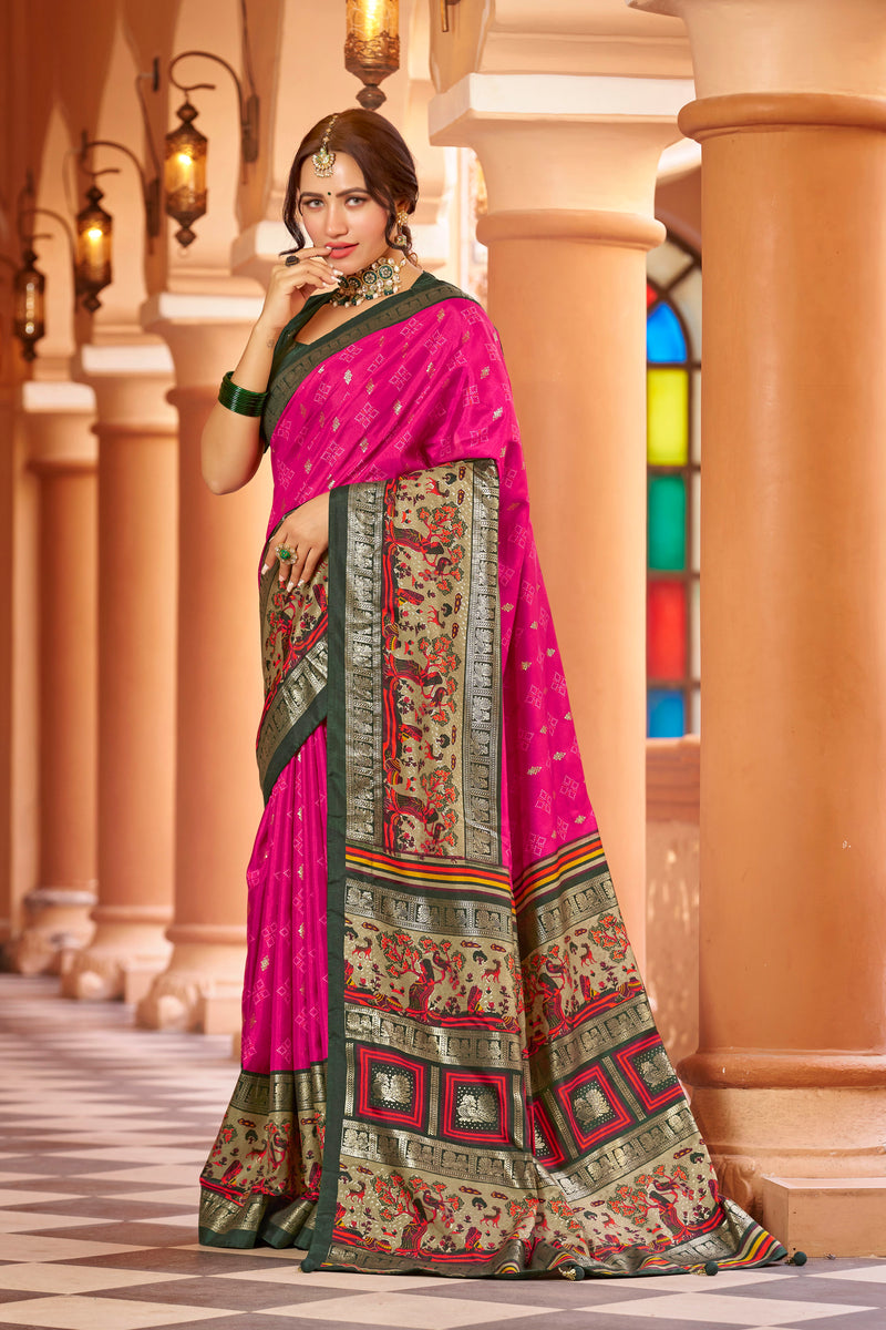 Rani pink color patola silk saree with foil printed work