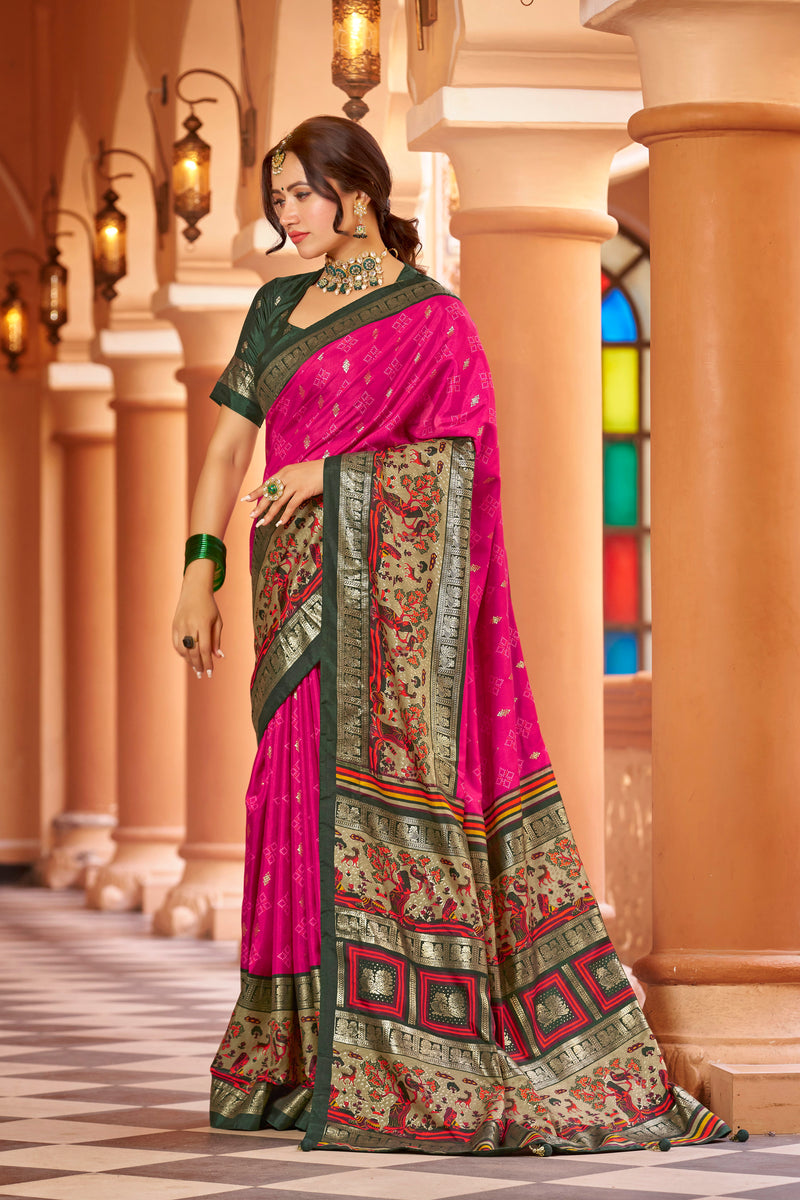 Rani pink color patola silk saree with foil printed work