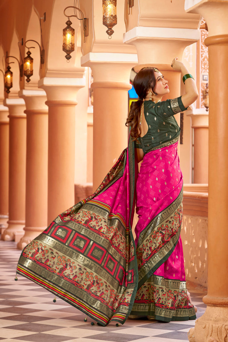 Rani pink color patola silk saree with foil printed work