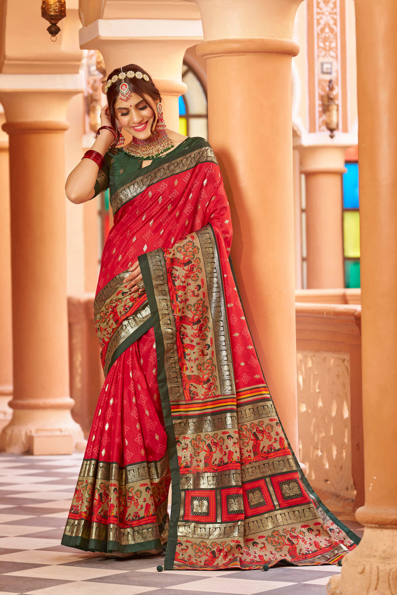 Red color patola silk saree with foil printed work