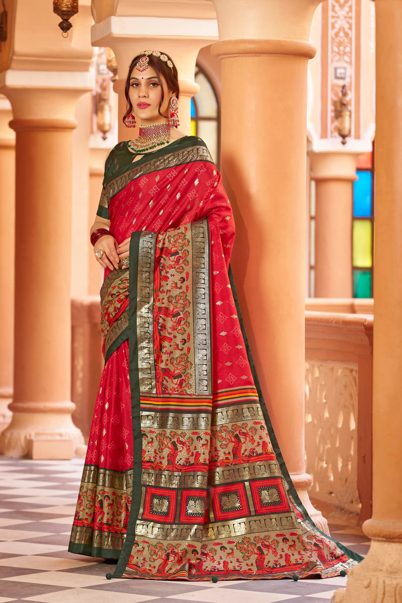 Red color patola silk saree with foil printed work