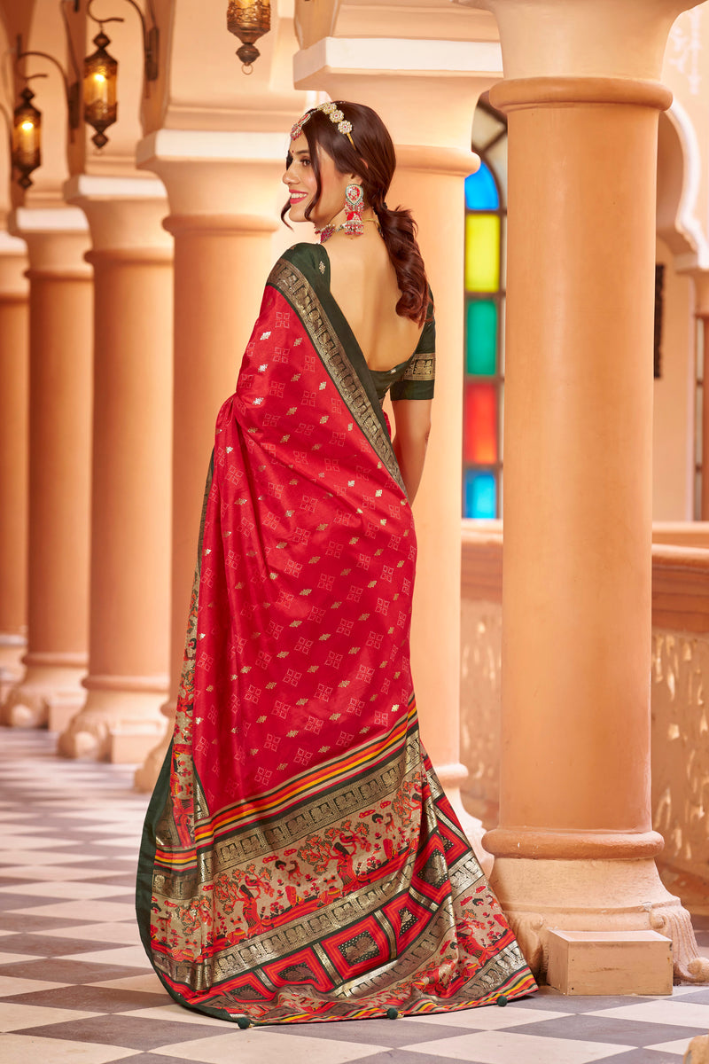 Red color patola silk saree with foil printed work