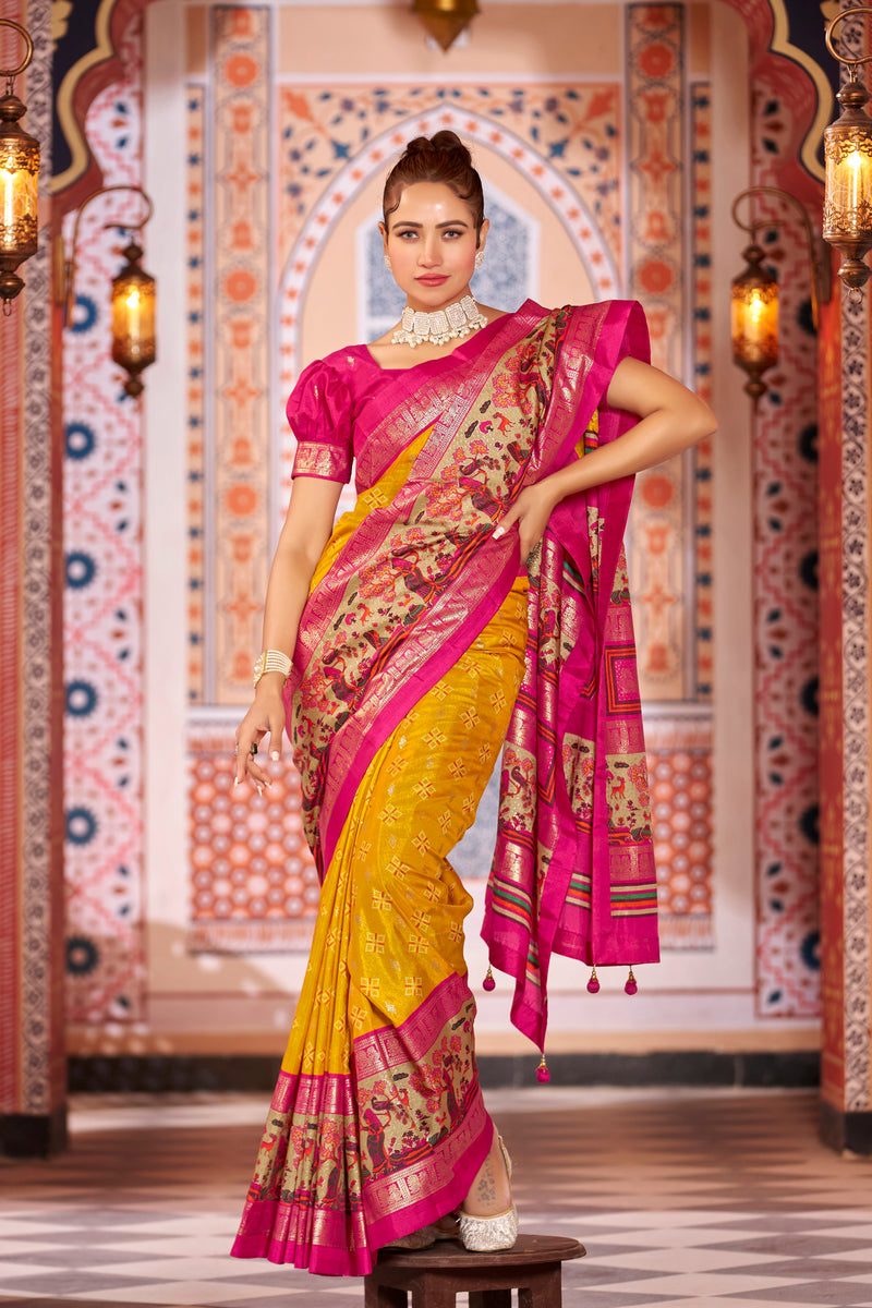 Yellow color patola silk saree with foil printed work