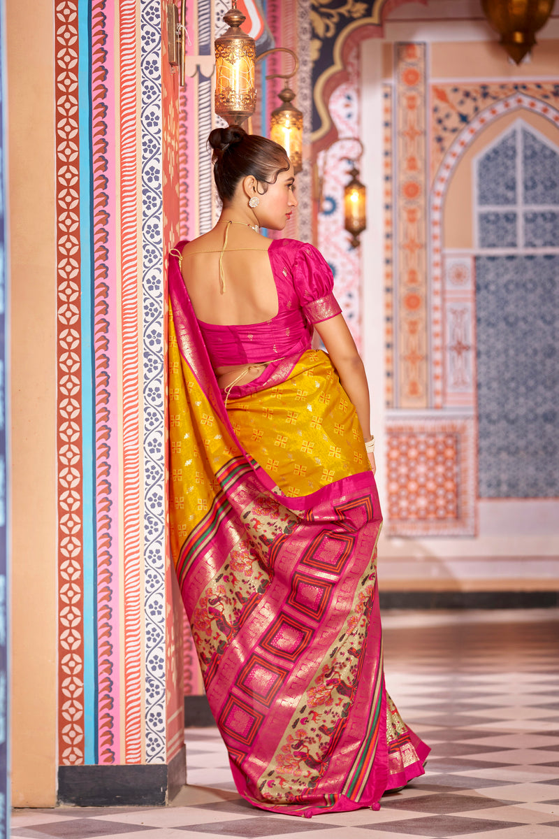 Yellow color patola silk saree with foil printed work