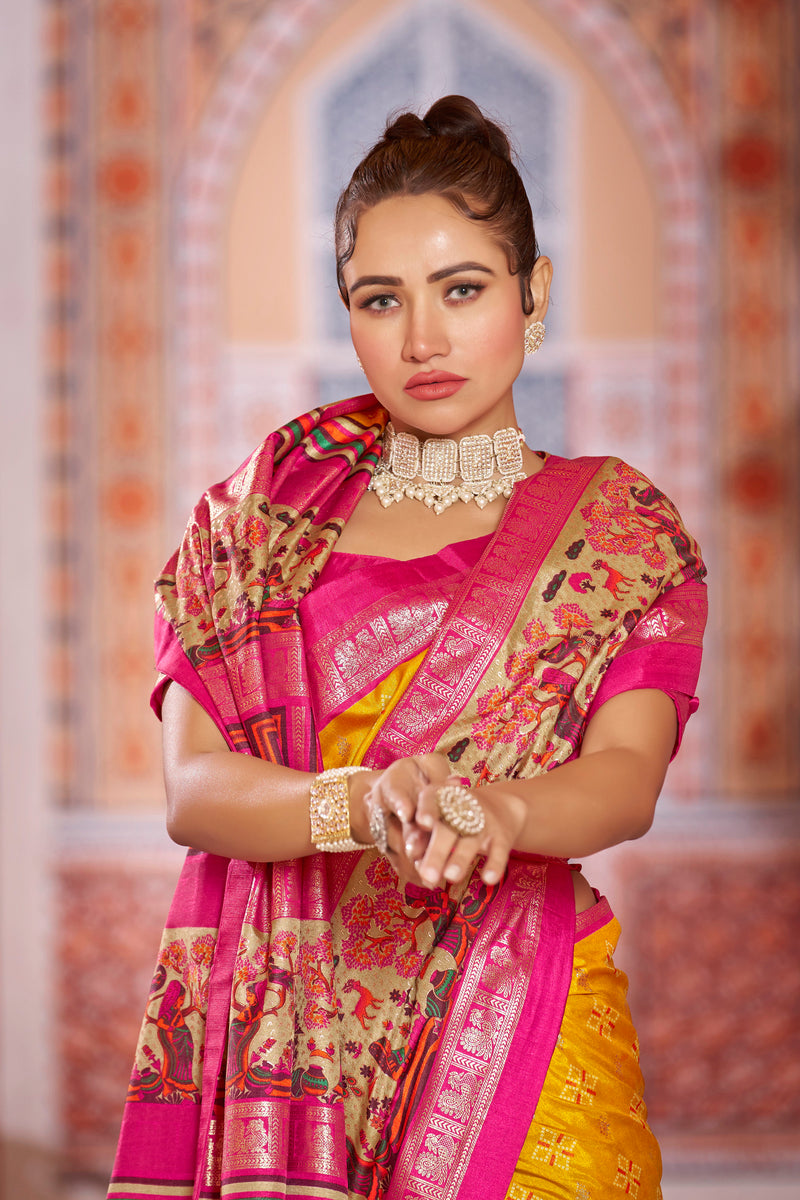 Yellow color patola silk saree with foil printed work