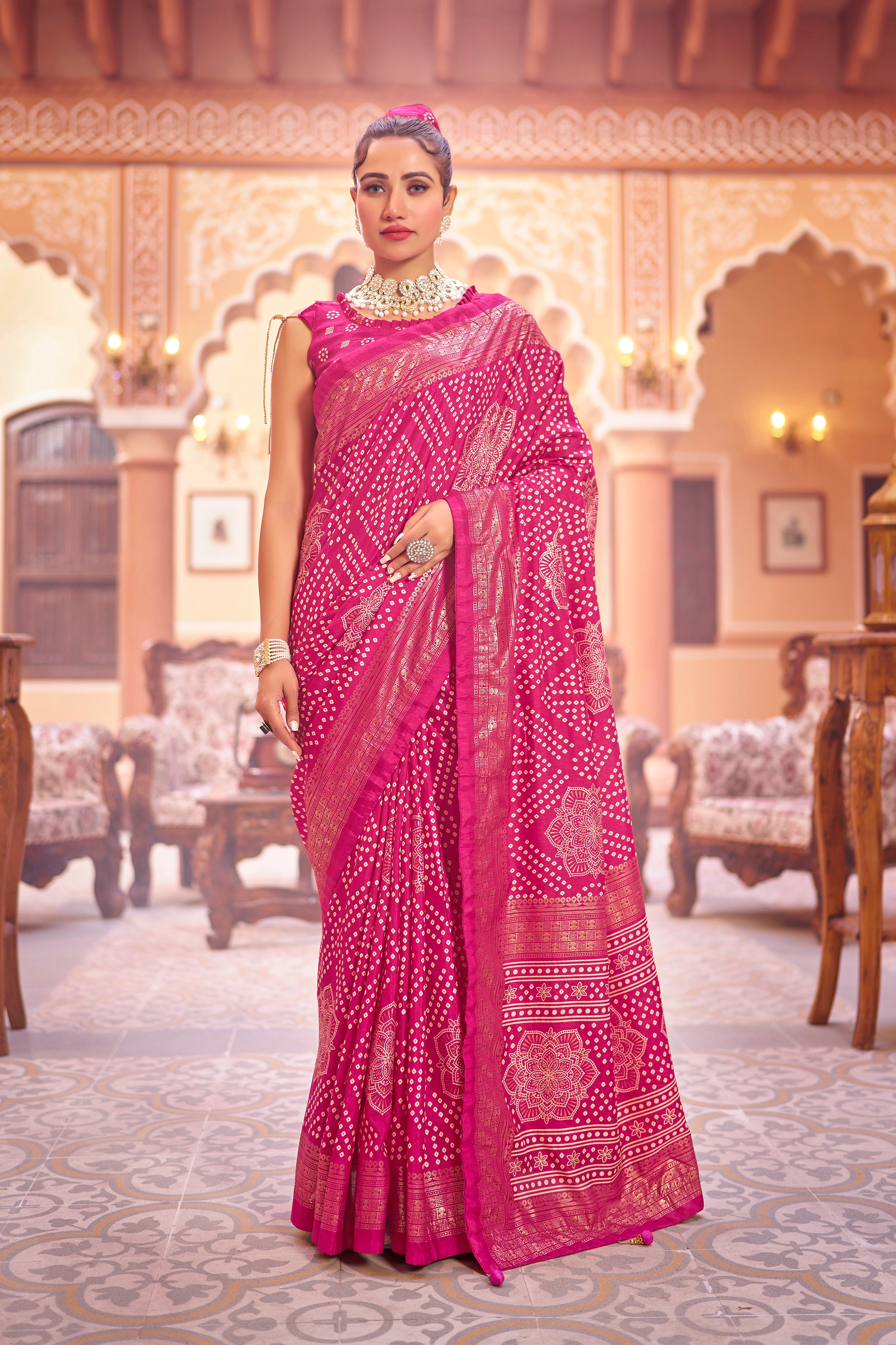 Pink  Dola Silk Bandhani Saree