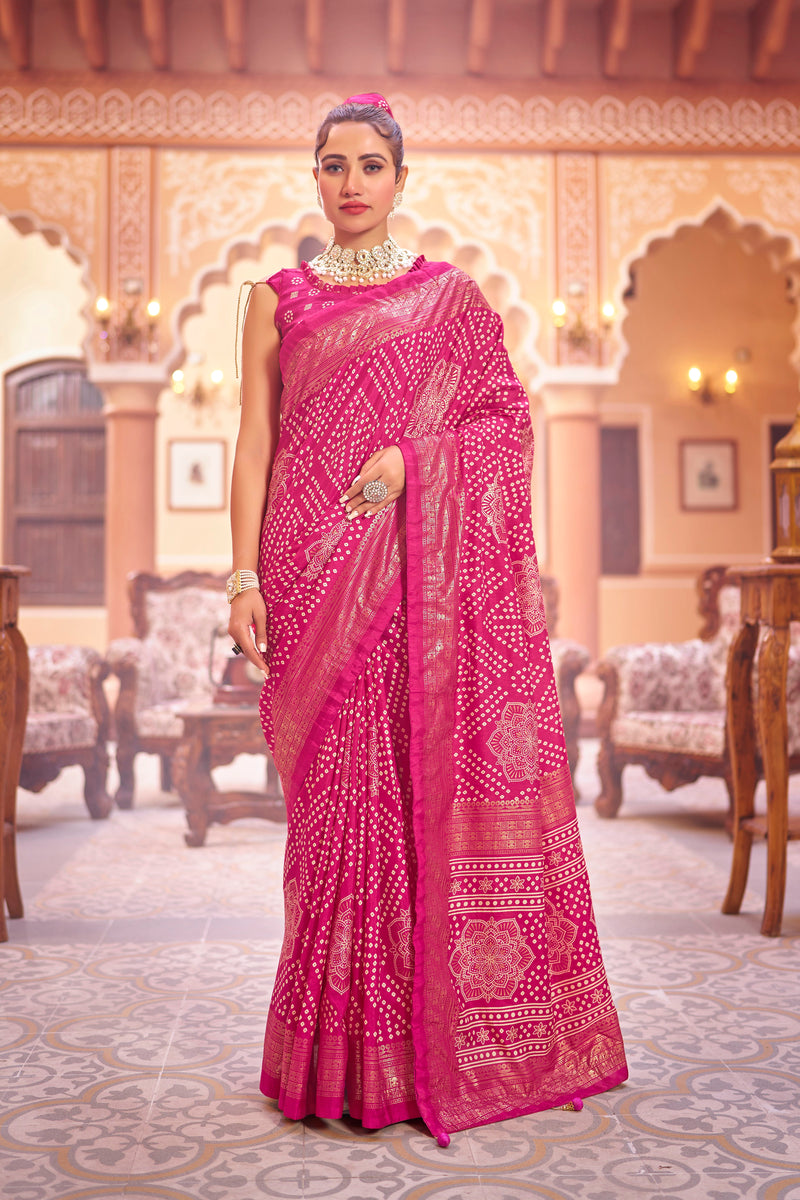 Pink  Dola Silk Bandhani Saree