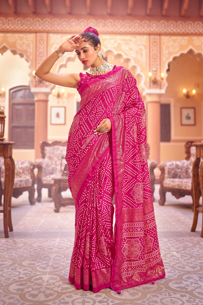 Pink  Dola Silk Bandhani Saree