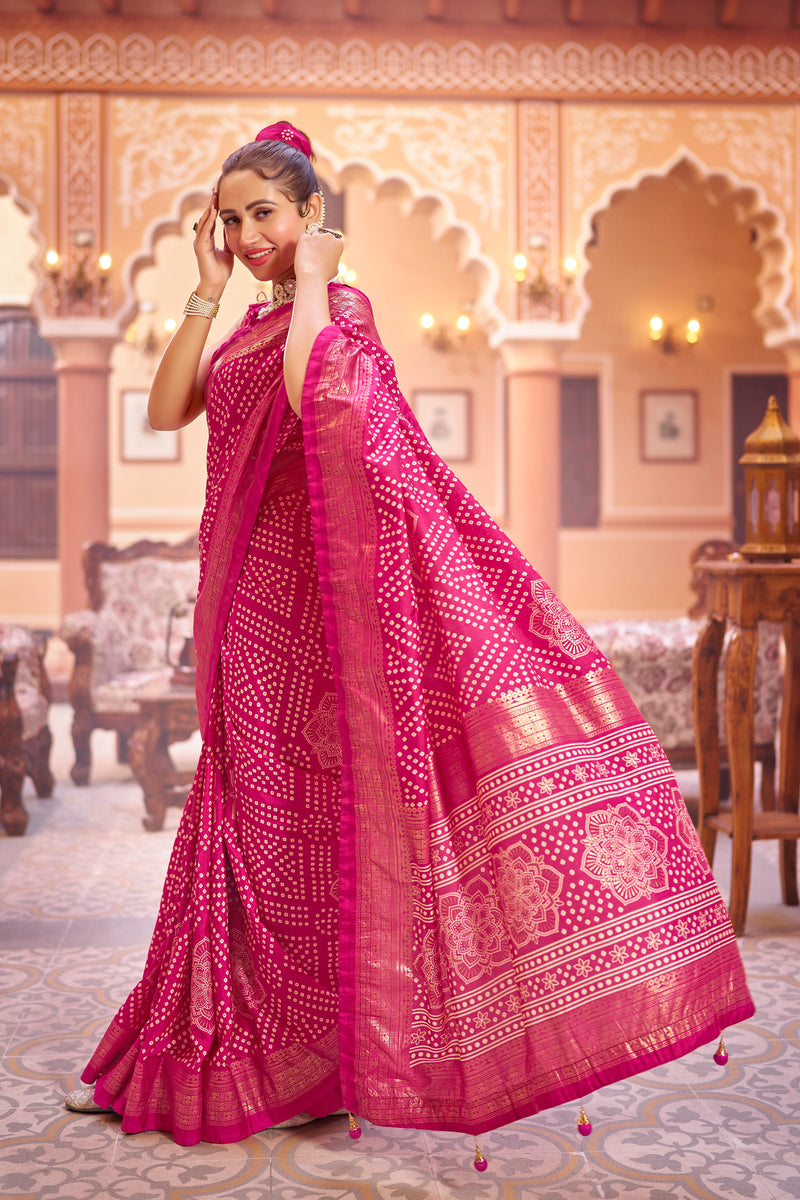 Pink  Dola Silk Bandhani Saree