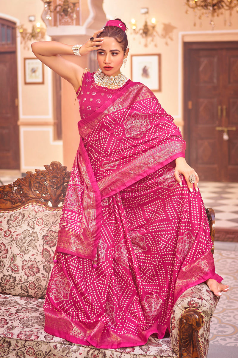 Pink  Dola Silk Bandhani Saree