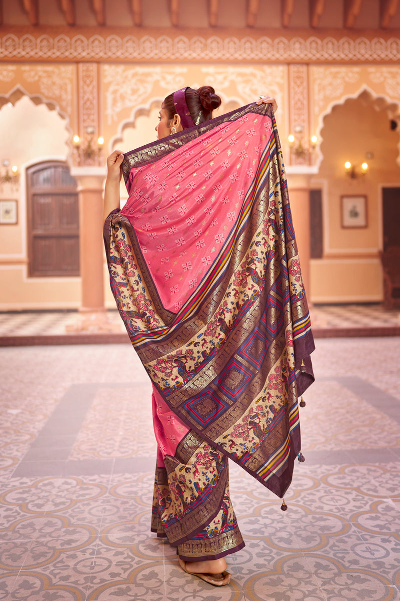 Peach color patola silk saree with foil printed work