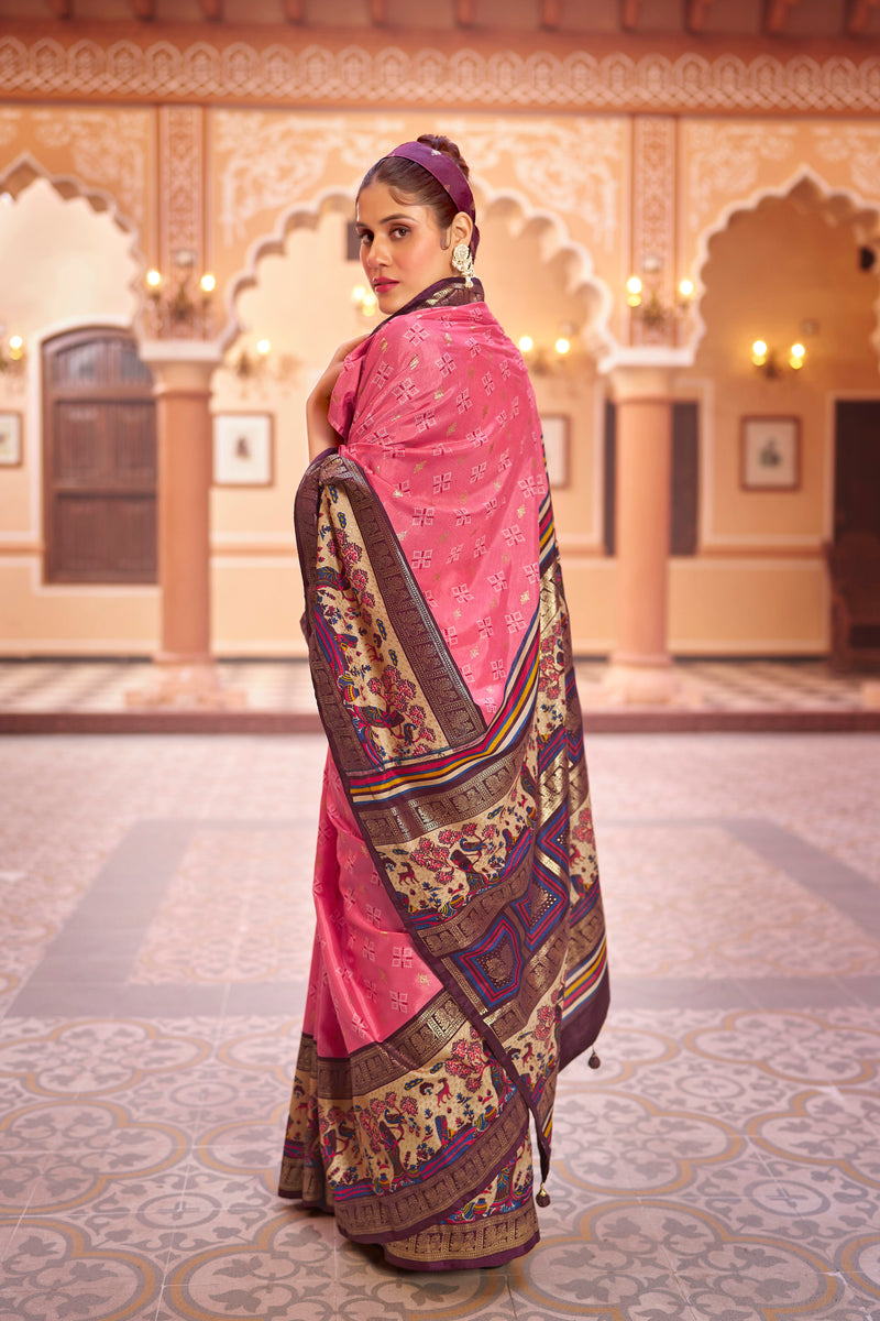 Peach color patola silk saree with foil printed work