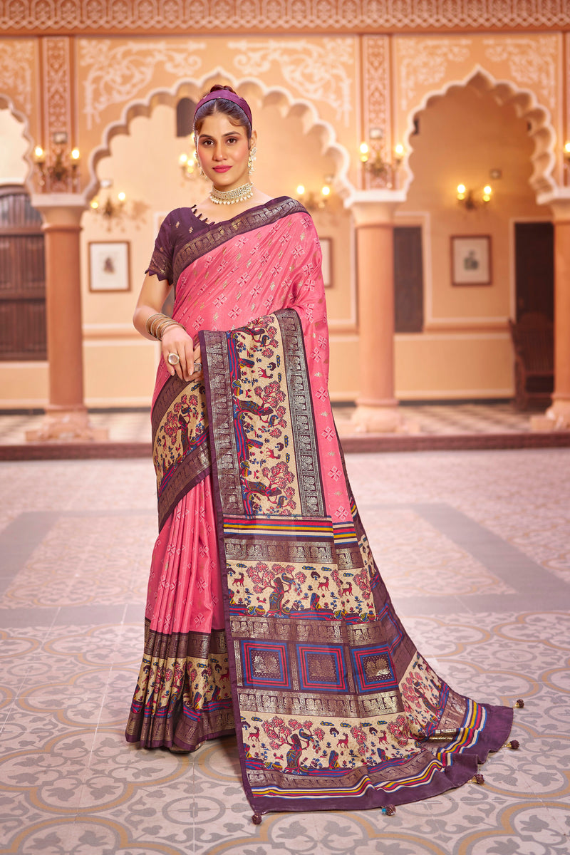 Peach color patola silk saree with foil printed work