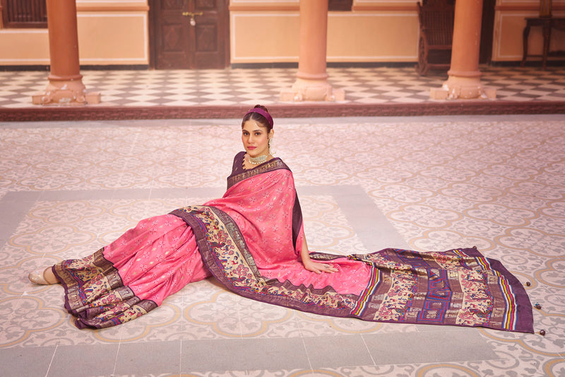 Peach color patola silk saree with foil printed work