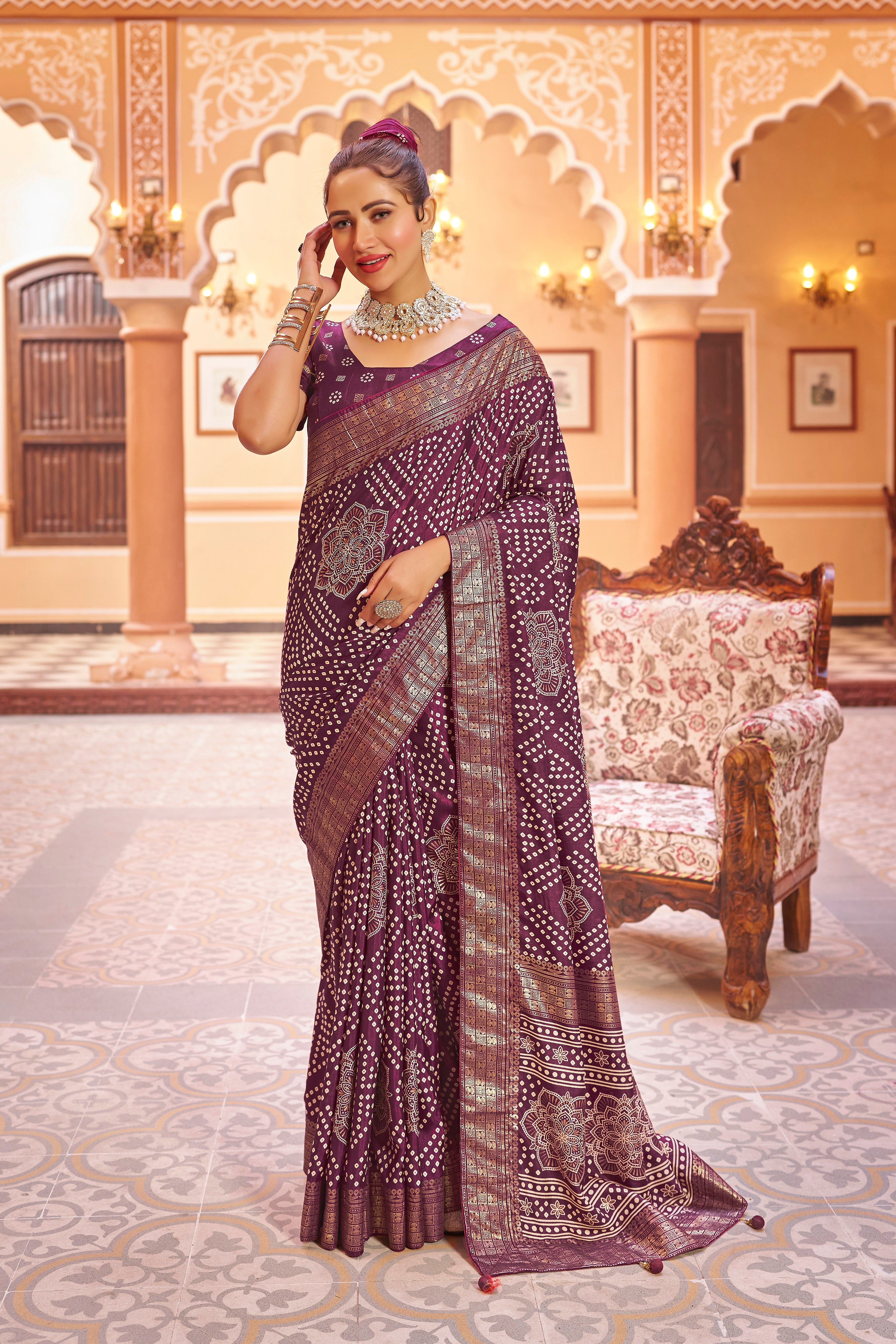 Purple  Dola Silk Bandhani Saree